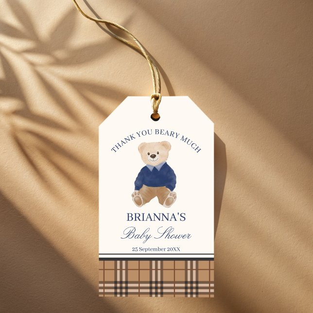 Vi kan vänta på en klassisk barndusch. presentetikett (We can bearly wait classic brown plaid polo teddy bear baby shower personalized favor gift tags)