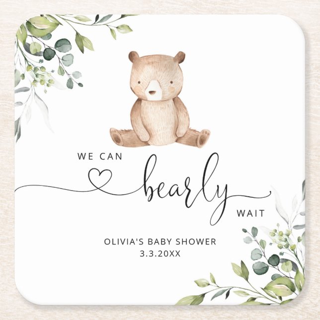Vi kan vänta på eucalyptus babydusch. underlägg papper kvadrat (Framsidan)