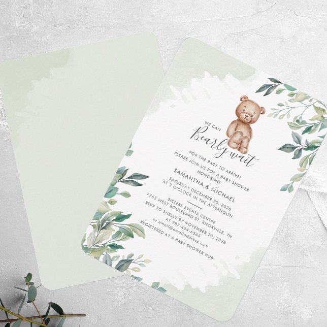 Vi kan vänta på eukalyptus Modern babyskor Inbjudningar (We Can Bearly Wait Bear Eucalyptus Script Baby Shower Invitation)