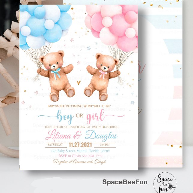 Vi kan vänta på Gender Reveal Baby dusch invit. Inbjudningar (Gender Reveal baby shower invitation,Teddy Bear baby shower girl,Baby Shower bear invitation,boho bo)