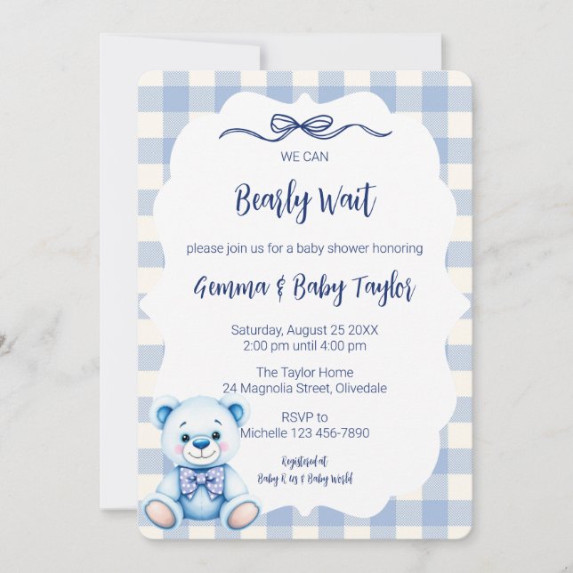Vi kan vänta på Gingham Blue Baby Shower Inbjudningar (Framsida)
