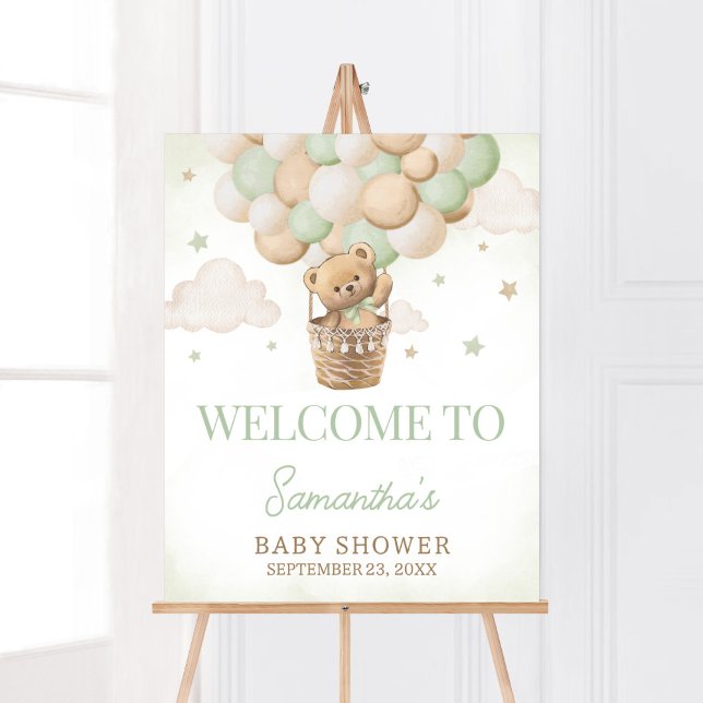 Vi kan vänta på grönt ljus poster (Boho Green Teddy Bear Baby Shower Welcome Sign)