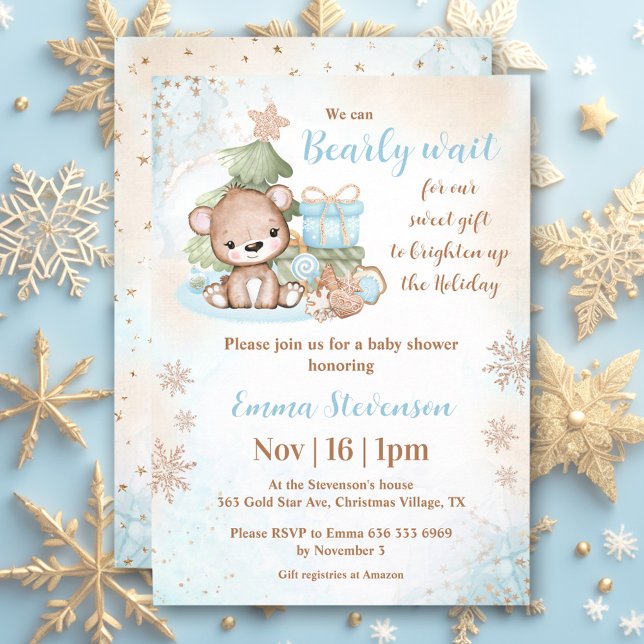 Vi kan vänta på julklapp med blå babykläder inbjudningar (We Can Bearly Wait Christmas Bear Blue Baby Shower Invitation)