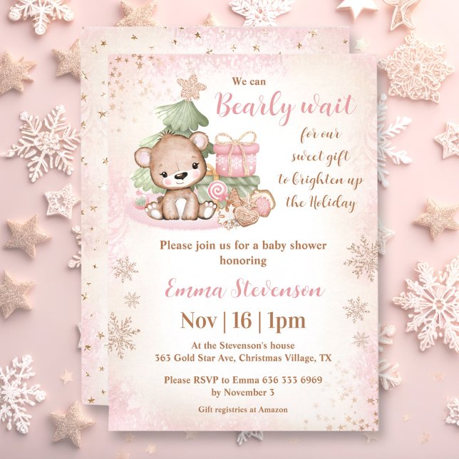 Vi kan vänta på julklapp, Rosa babykläder Inbjudningar (We Can Bearly Wait Christmas Bear Pink Baby Shower Invitation)