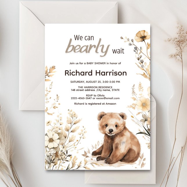 Vi kan vänta på neutralt, rustik babydusch inbjudningar (Cute forest bear with rustic beige flowers baby shower invitation)