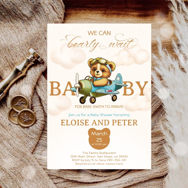 Vi kan vänta på Pilot Nalle babydusch. Inbjudningar (We can bearly wait Pilot Teddy Bear baby shower Invitation)