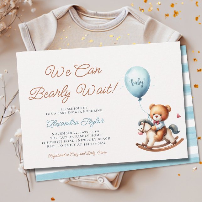 Vi kan vänta på Rocking Horse Pojke Shower Inbjudningar (we can bearly wait baby boy shower invitation teddy bear cute stuffed toy rocking chair nursery chic)