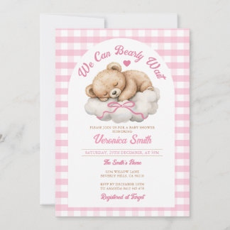 Vi kan vänta på Rosa Bow Bear Girl Baby Shower Inbjudningar