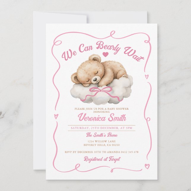 Vi kan vänta på Rosa Bow Bear Girl Baby Shower Inbjudningar (Framsida)