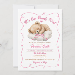 Vi kan vänta på Rosa Bow Bear Girl Baby Shower Inbjudningar