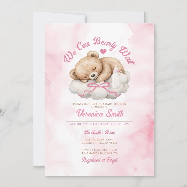 Vi kan vänta på Rosa Bow Bear Girl Baby Shower Inbjudningar (Framsida)