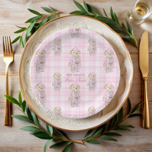 Vi kan vänta på rosa plaid babyduschmonogram
