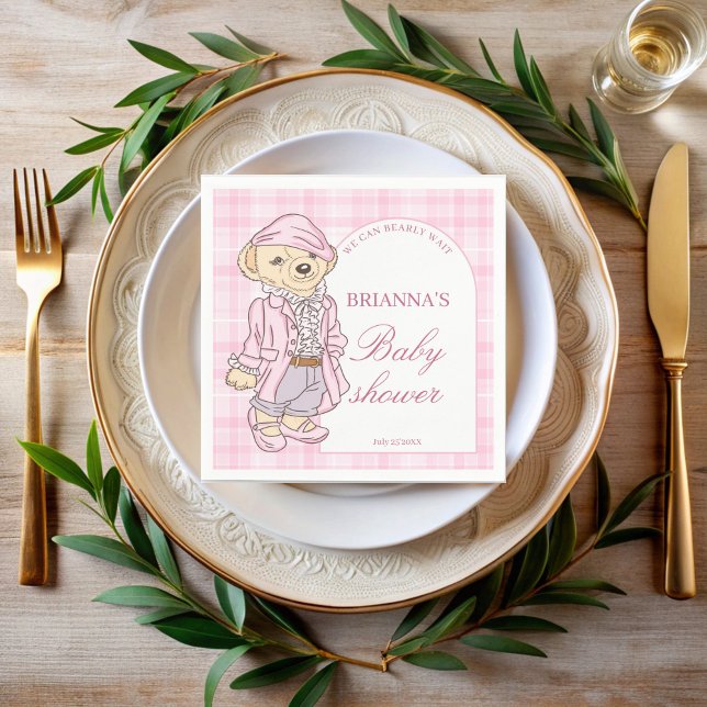 Vi kan vänta på rosa plaid babyduschmonogram pappersservett (We can bearly wait pink plaid teddy bear baby shower monogrammed printed napkins personalized decor)