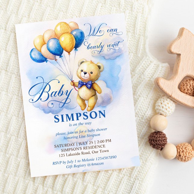 Vi kan vänta på söta teddy blå guld-ballonger inbjudningar (We can bearly wait cute teddy bear with blue gold balloons in clouds baby shower invitation template)