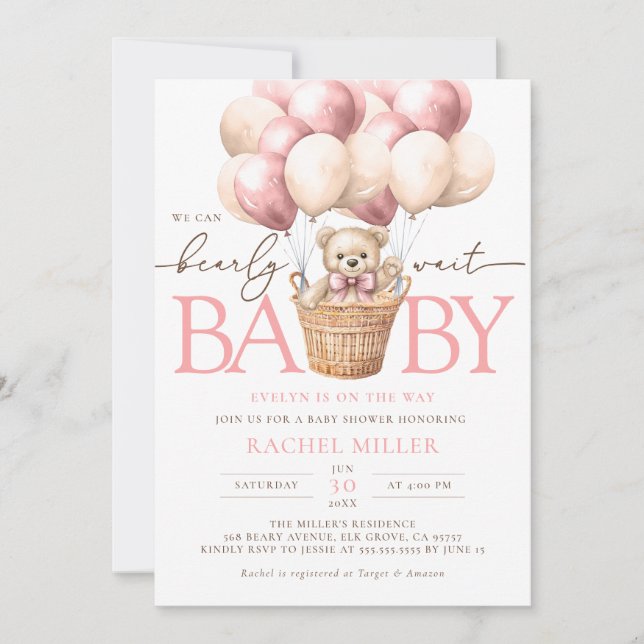 Vi kan vänta Rosa Balloon Flicka Shower Inbjudningar (Framsida)