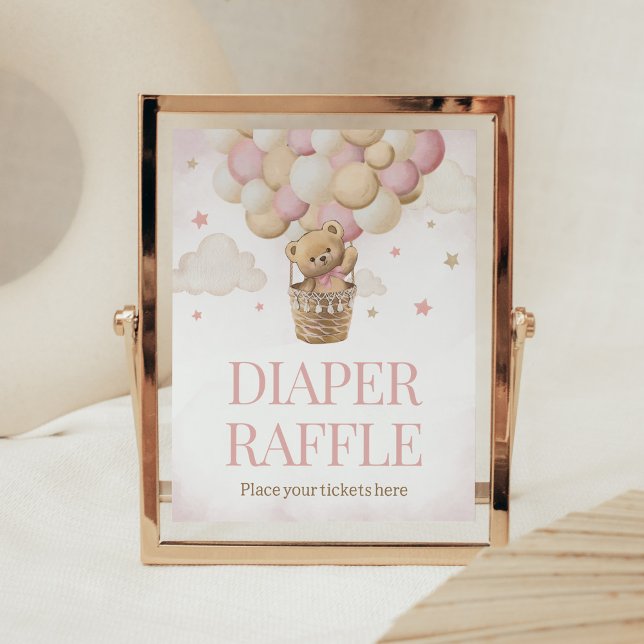 Vi kan vänta Rosa Bear Diaper Raffle Poster (Girl Teddy Bear Balloon Baby Shower Diaper Raffle Sign)