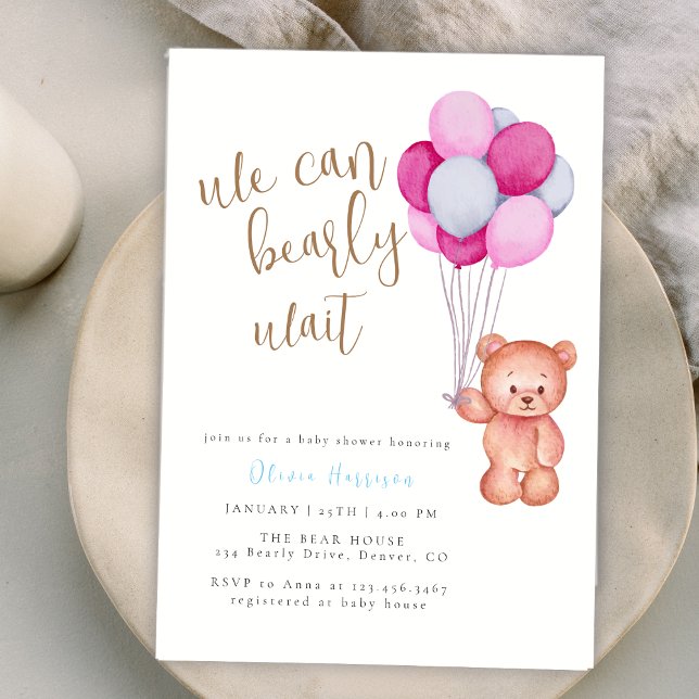 Vi kan vänta Rosa Blue Balloon Baby Shower Inbjudningar (We Can Bearly Wait Pink Blue Balloon Baby Shower Invitation)
