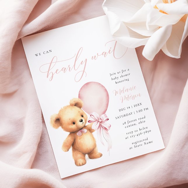 Vi kan vänta Rosa Bow Balloon Baby Shower Inbjudningar (Skapare uppladdad)