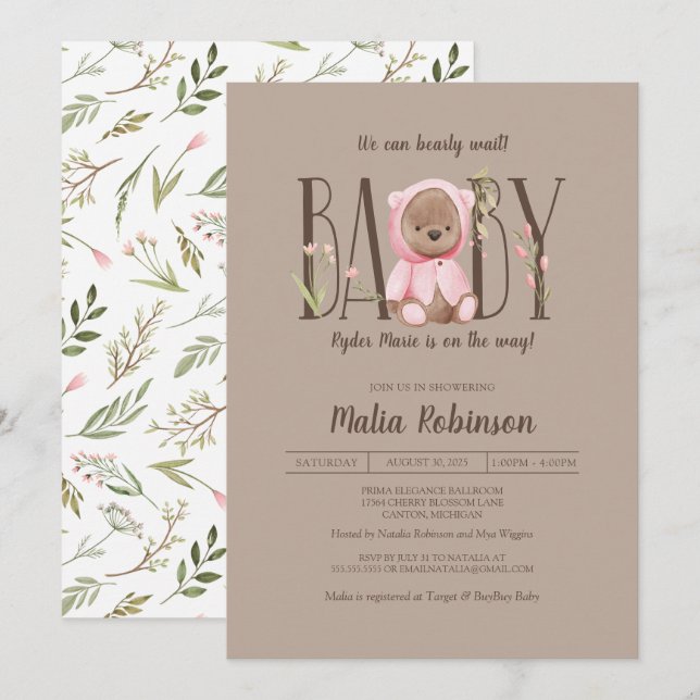 Vi kan vänta! Rosa Nalle Baby Shower Inbjudningar (Fram/baksida)