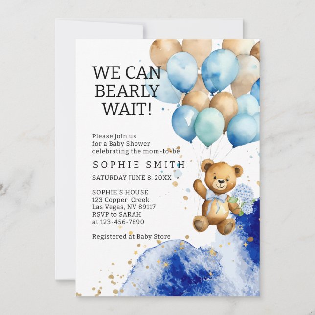 Vi kan vänta Royal Blue och Guld Baby Shower Inbjudningar (Framsida)
