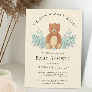 Vi kan vänta teddy Eucalyptus Baby Shower Inbjudningar