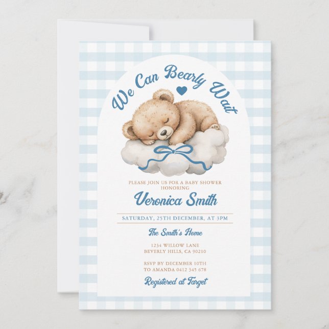 Vi kan vänta tidigt på Blue Bow Bear Boy Shower Inbjudningar (Framsida)