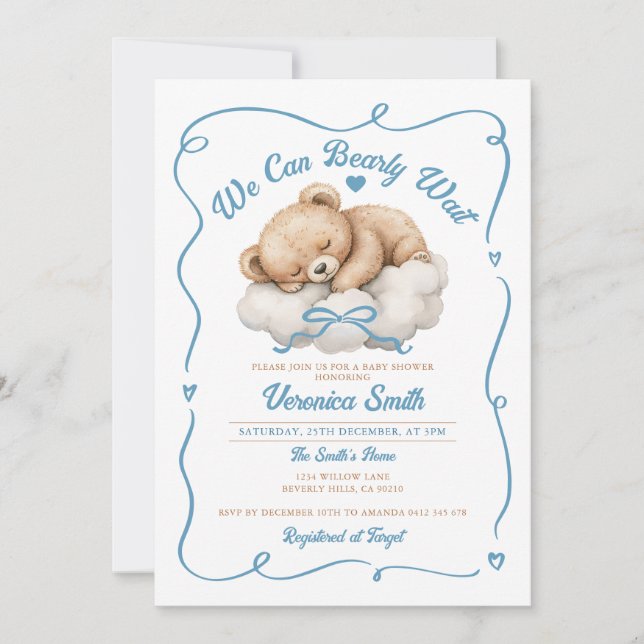 Vi kan vänta tidigt på Blue Bow Bear Boy Shower Inbjudningar (Framsida)