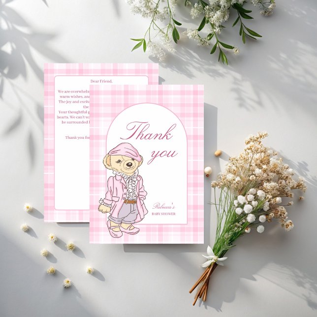Vi kan vänta tidigt på rosa klassiska babydusch. tack kort (We can bearly wait pink classic plaid cute teddy bear baby shower thank you cards)