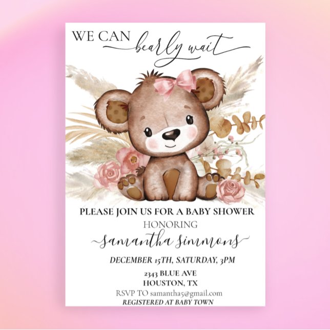 Vi kan vänta tills babyskor Bear Boho Rosa Inbjudningar (Skapare uppladdad)