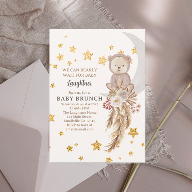 Vi kan vänta tills Boho Bear Måne Baby Brunch Inbjudningar (Skapare uppladdad)