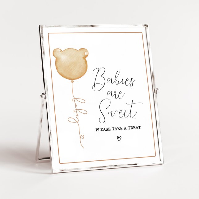 Vi kan vänta tills Brown Balloon Spädbarn är sötad Poster (Gender Neutral Minimalist Bear Baby Shower Babies are Sweet Sign)