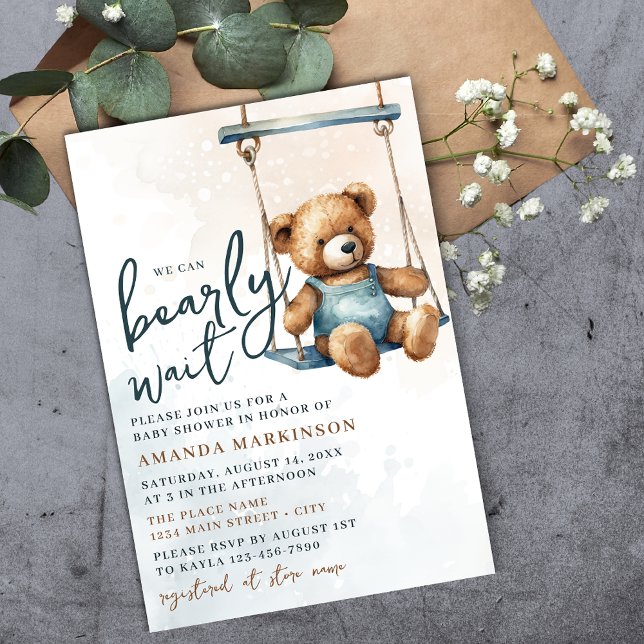 Vi kan vänta tills Denim Nalle Baby Shower Inbjudningar (Skapare uppladdad)