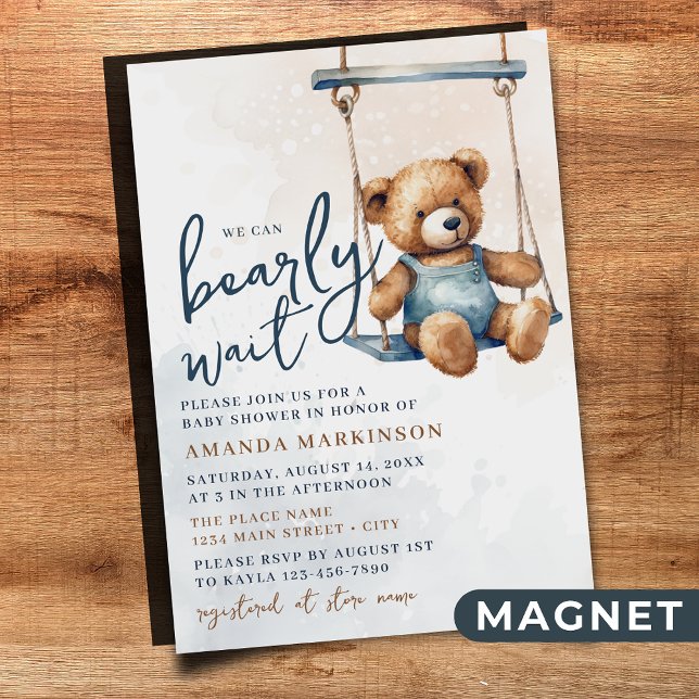 Vi kan vänta tills Denim Nalle Baby Shower Magnetisk Inbjudningskort (Skapare uppladdad)