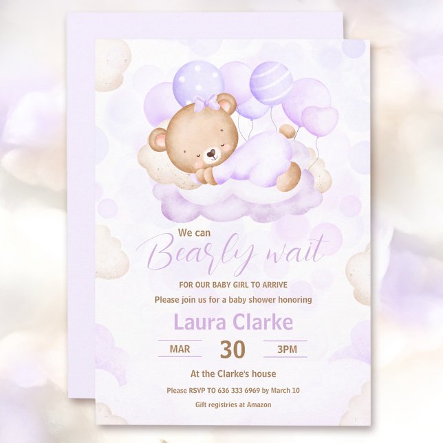 Vi kan vänta tills Lavender Girl Bear Baby Shower Inbjudningar (We Can Bearly Wait Lavender Girl Bear Baby Shower Invitation)