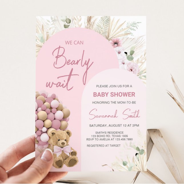 Vi kan vänta tills Rosa Baby Shower Inbjudningar (Pink Boho Bear Baby Shower Invitation)