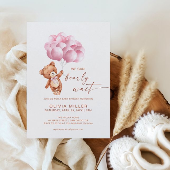 Vi kan vänta tills Rosa Ballon Bear Baby Shower Inbjudningar (Skapare uppladdad)