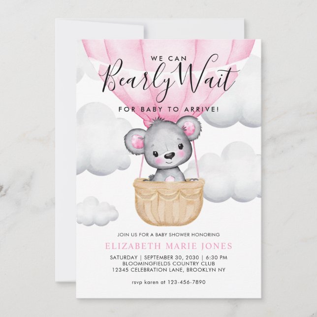 Vi kan vänta tills Rosa Balloon Girl Baby Shower Inbjudningar (Framsida)