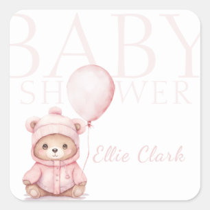 Vi kan vänta tills Rosa Bear Baby Shower Fyrkantigt Klistermärke