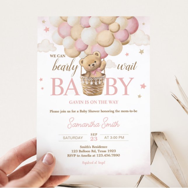 Vi kan vänta tills Rosa Bear Baby Shower Inbjudningar (Girl Teddy Bear Balloon Baby Shower Invitation)