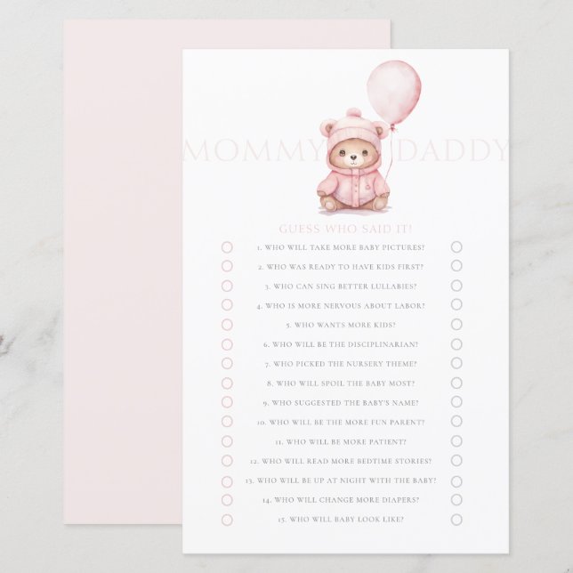 Vi kan vänta tills Rosa Bear Girl Baby Shower Game (Fram/baksida)