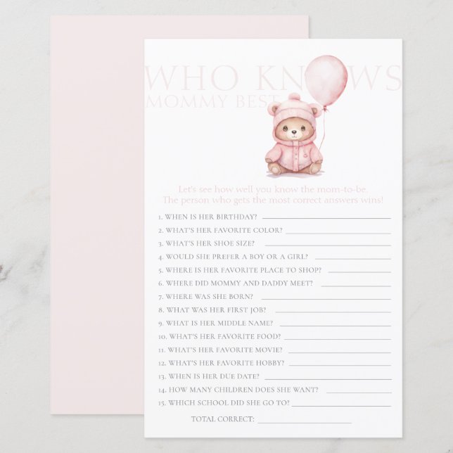 Vi kan vänta tills Rosa Bear Girl Baby Shower Game (Fram/baksida)