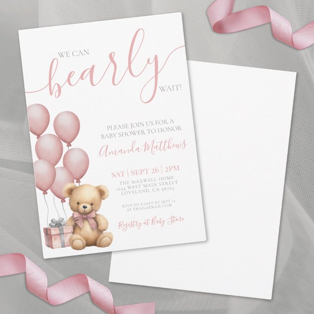 Vi kan vänta tills Rosa Bear Girl Baby Shower Inbjudningar (We Can Bearly Wait Pink Bear Girl Baby Shower Invitation)