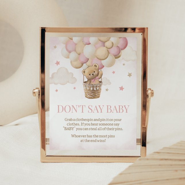 Vi kan vänta tills Rosa Bear säger inte Baby Poster (Girl Teddy Bear Balloon Baby Shower Don't Say Baby Sign)