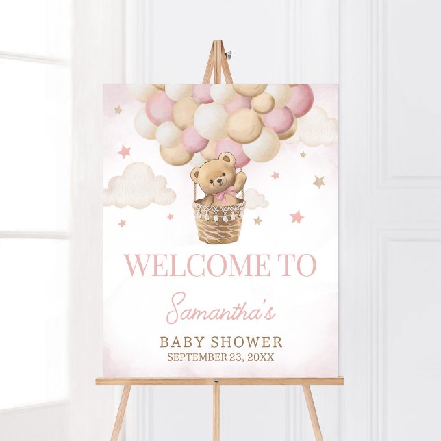 Vi kan vänta tills Rosa Bear Välkommen Poster (Girl Teddy Bear Balloon Baby Shower Welcome Sign)