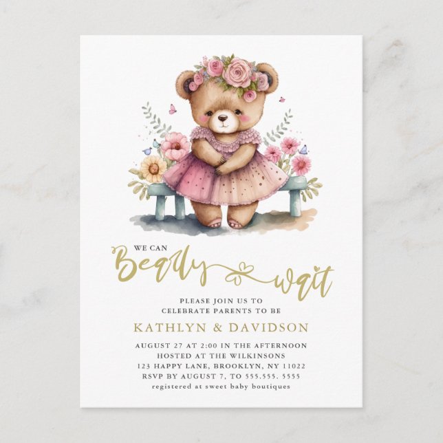 Vi kan vänta tills Rosa Blommigt Girl Baby Shower Inbjudan Vykort (Framsida)