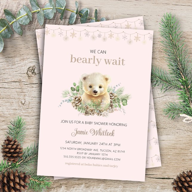 Vi kan vänta tills Rosa Girl Winter Baby Shower Inbjudningar (cute pink whimsical christmas we can bearly wait winter baby shower invitation with boho vibes)