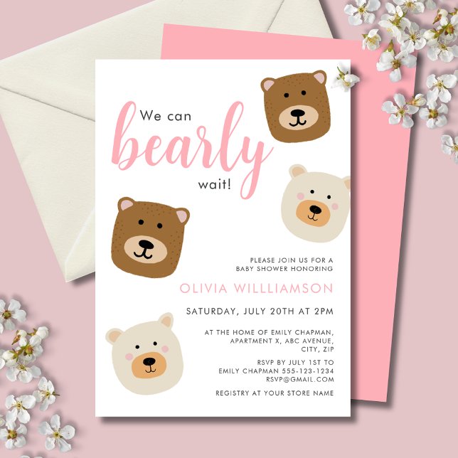 Vi kan vänta tills Rosa Girls Baby Shower Inbjudningar (We can bearly wait, cute teddy bear baby shower invitation with girl text for baby girl.)