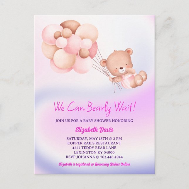 Vi kan vänta tills Rosa Lila Baby Shower Vykort (Framsida)