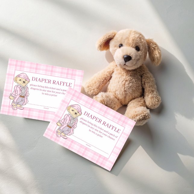 Vi kan vänta tills rosa plaid diaper raffle tilläggskort (We can bearly wait pink plaid girls teddy bear baby shower diaper raffle enclosure cards)
