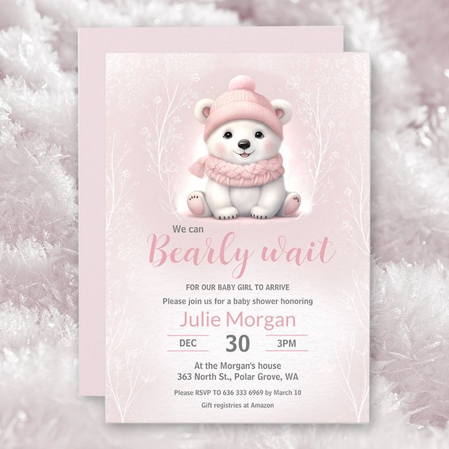 Vi kan vänta tills Rosa Polar Bear Baby Shower Inbjudningar (We Can Bearly Wait Pink Polar Bear Baby Shower Invitation)